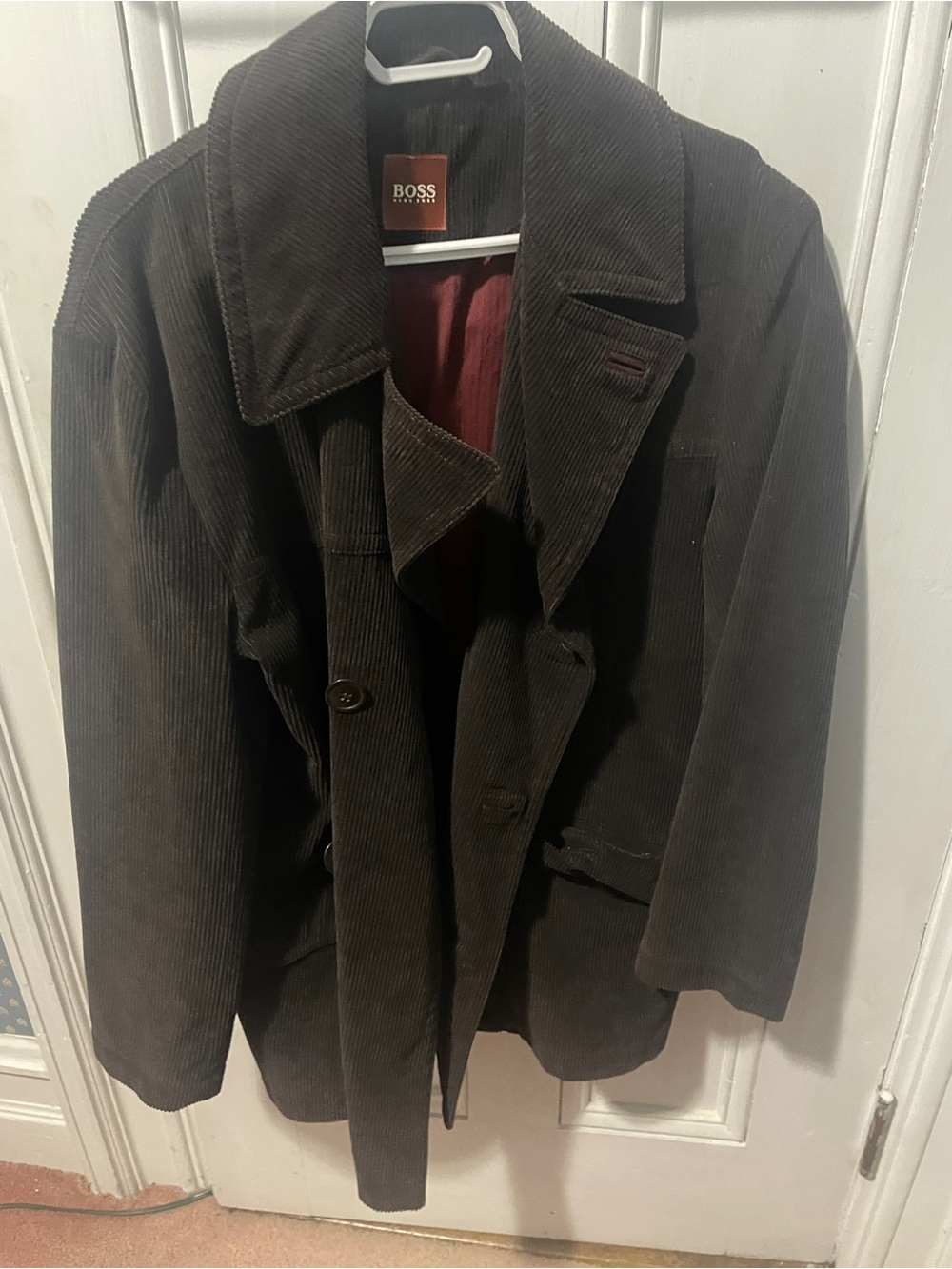 BOSS Dark Brown Corduroy Pea Coat with Burgundy Lining